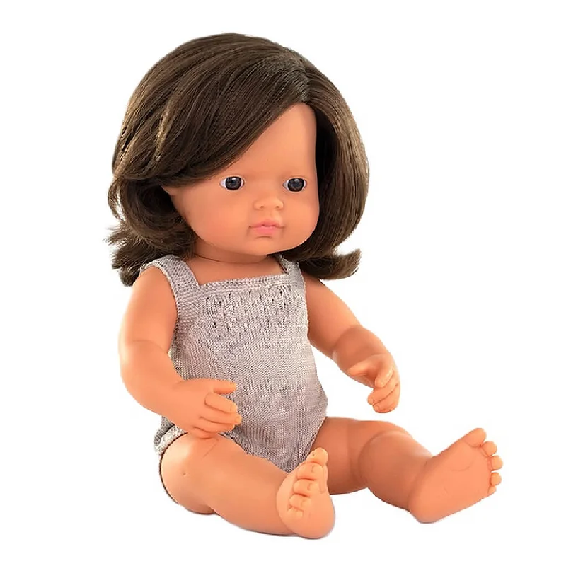 Baby Doll Brunette Girl in Grey Rompers