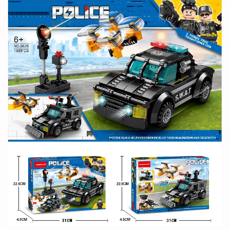 Kids Building Blocks 188 pcs Police Car Chasing Drone