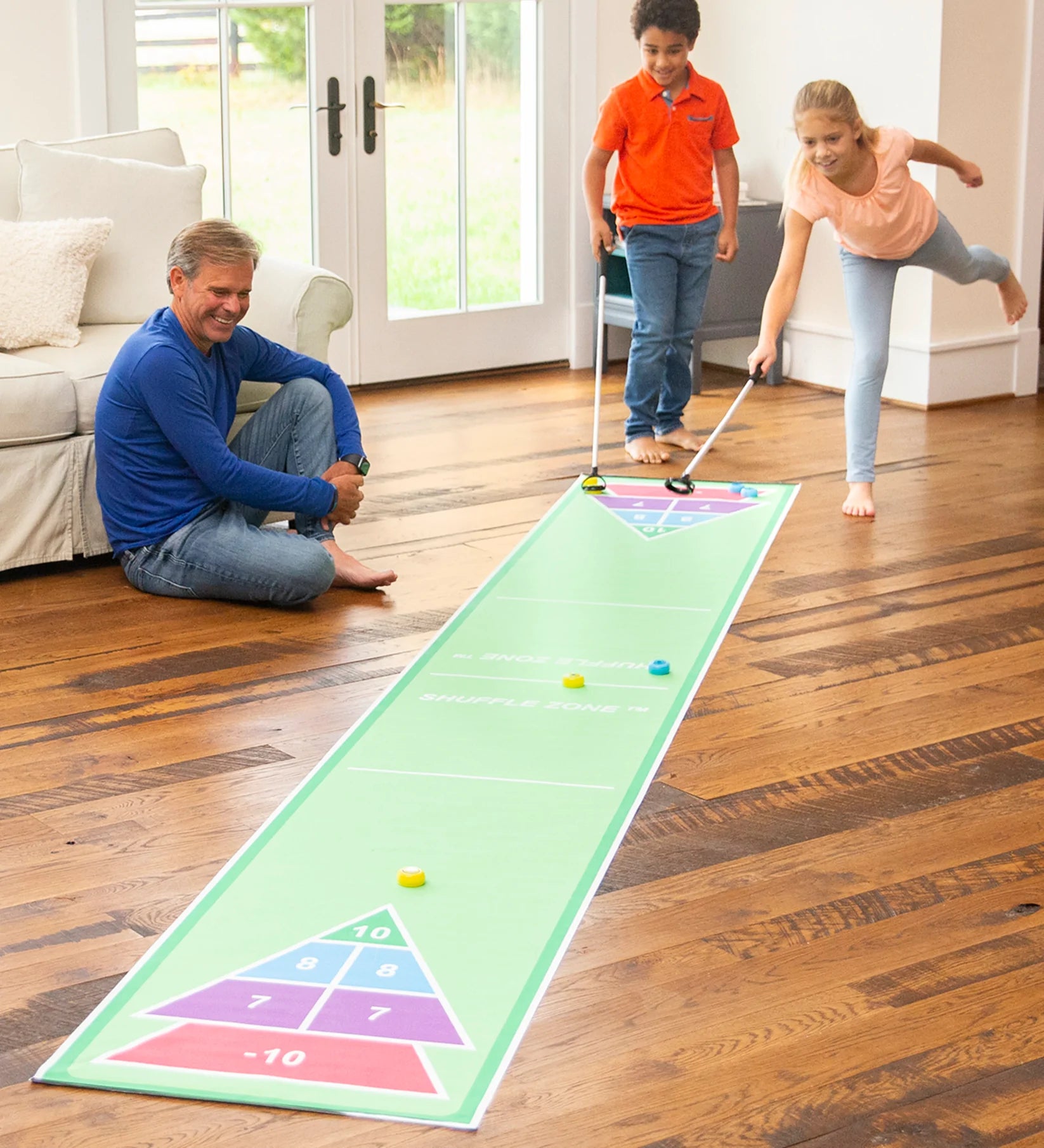 Shuffle Zone Shuffleboard Family Game with Oxford Mat and Rolling Pucks